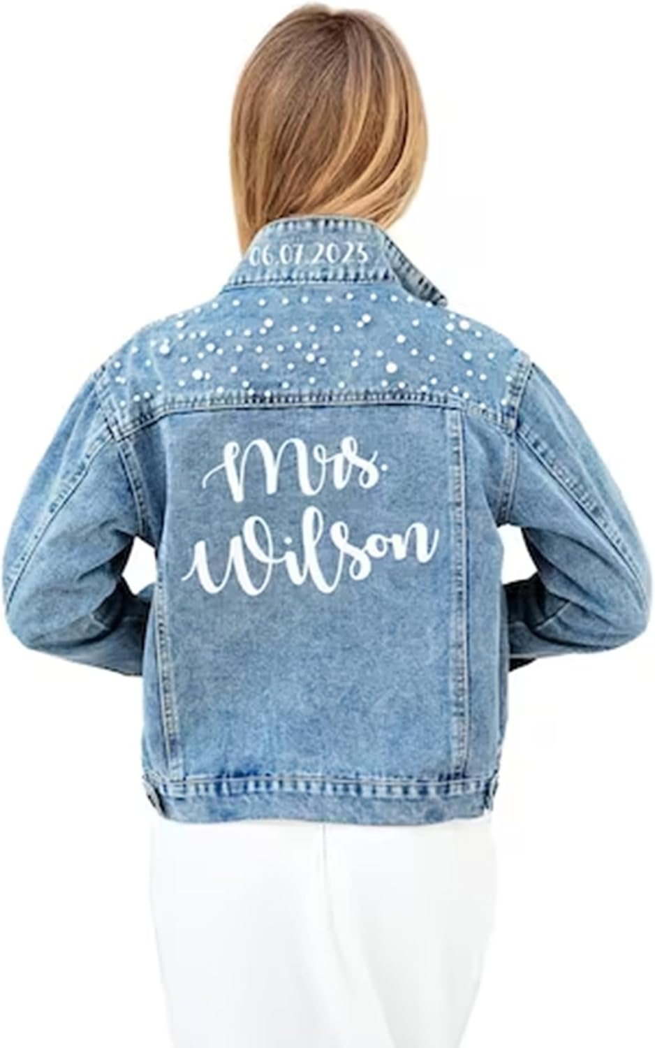 61US3mm1ZSL._AC_SL1500_.jpg Custom Wedding Jackets for Bride, Customized Denim Bridal Jacket with Pearls Future Mrs, Personalized Jean Jacket for Women Trendy - Image 1