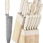 NANFANG BROTHERS Damascus Kitchen Knife Set 14 Pieces with Shears & Sharpener - VG10 Damascus Steel, ABS Ergonomic Handle, Wooden Block Storage White