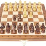 House of Chess - 8 Inch Wooden Magnetic Folding Travel Chess Set - Board with Algebraic Notation + 2 Extra Pawns & 2 Extra Queens- Handmade (Acacia Wood)