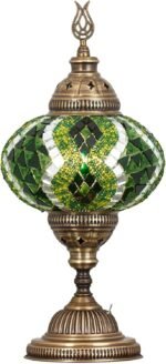 Turkish Moroccan Mosaic Battery-Operated Table Lamp – 12” H, 5” W, Portable Stained Glass Lantern for Indoor & Outdoor Use, Cordless Handmade Decorative Light for Bedroom, Patio & Camping, Green - Image 2