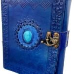 Leather Journal with Unlined Pages - Turquoise Blue Stone Leather Bound Writing Journal for Women & Men medieval Gemstone Studded Handmade Notebook Office Poetry Sketch Book Handcraft Paper Stone