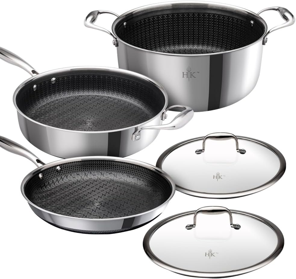 61mejY45oxL._AC_SL1000_.jpg Hell's Kitchen Hybrid 5 Pc Cookware Set, Tri-Clad Stainless Steel and Nonstick Ceramic, PFAS Free, no PFOA, no PTFE, no Teflon, Non Toxic Cookware, Metal Utensil Safe, All Cooktops and Oven Safe - Image 1