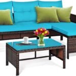 Tangkula Patio Corner Sofa Set 3 Piece, Outdoor Rattan Sofa Set, Includes Lounge Chaise, Loveseat & Coffee Table, Patio Garden Poolside Lawn Backyard Furniture