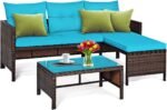 Tangkula Patio Corner Sofa Set 3 Piece, Outdoor Rattan Sofa Set, Includes Lounge Chaise, Loveseat & Coffee Table, Patio Garden Poolside Lawn Backyard Furniture