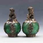 Acxico 1Pairs Exquiste Chinese Silver Dragon Inlaid Jade Hand Carved Lion Statue - Image 6