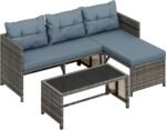Shintenchi 3-Piece Outdoor Patio Furniture Sets, Wicker Patio Conversation Sets, All Weather Wicker Rattan Patio Seating Sofas with Glass Coffee Table and Cushion, Blue-Gray - Image 8