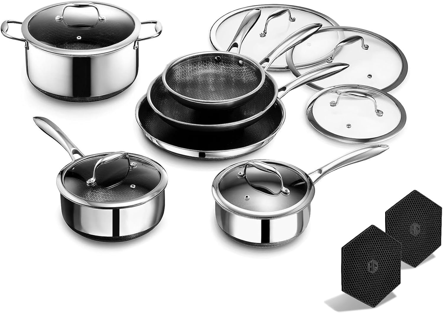 710AxunpZ5L._AC_SL1500_.jpg HexClad Hybrid Nonstick 14-Piece Cookware Set, 8", 10", and 12" Pans with Lids, 2, 3, and 8Qt Pots with Lids, and 2 Silicone Trivets, Stay-Cool Handles, Dishwasher and Oven-Safe, Induction Ready - Image 1