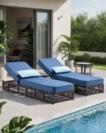 Luxury Outdoor Chaise Lounges with 5 Inch Thickened Cushions - Set of 2 High Back Brown Wicker Patio Recliners Rattan Reclining Chairs Porch Poolside Pool Sunbathing Lounger - Navy Blue - Image 6