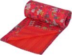 Indian handblock Kantha Floral Printed Handmade Quilted Blanket- Vintage Cotton Quilts Queen Size- Kantha Stitch Reversible Throw Blanket- Quilts from India - Image 3