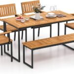 Tangkula 6 Pieces Outdoor Acacia Wood Dining Set, Patio Table and Chairs Set with Bench for 6-7 People, Outdoor Dining Furniture Set with 2" Umbrella Hole for Garden, Backyard and Poolside