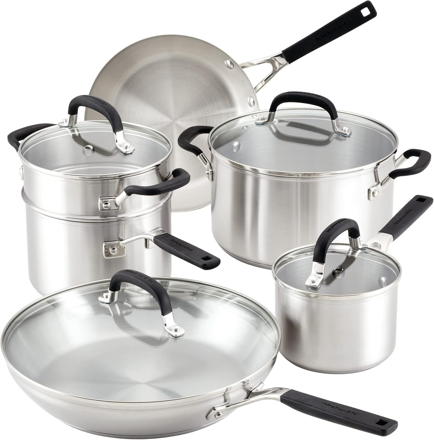 71CcJnqJJ-L._AC_SL1500_.jpg KitchenAid Stainless Steel Cookware/Pots and Pans Set, 10 Piece, Brushed Stainless Steel - Image 1
