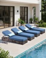 Luxury Outdoor Chaise Lounge Chairs of 4 with 5 Inch Thick Cushions and Side Table - 6 PCS High Back Brown Wicker Patio Recliners Lounger Furniture Set for Poolside Sunbathing - Navy Blue - Image 6
