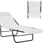 Outsunny Folding Chaise Lounge Chair, Pool Sun Tanning Chair, Outdoor Lounge Chair with Reclining Back, Breathable Mesh Seat, Headrest for Beach, Yard, Patio, Cream White