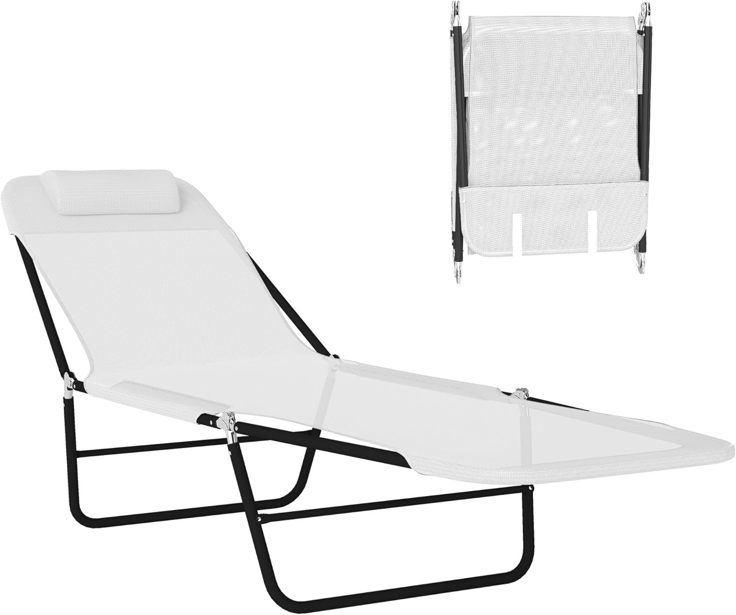 71JdB2bYWwL._AC_SL1500_.jpg Outsunny Folding Chaise Lounge Chair, Pool Sun Tanning Chair, Outdoor Lounge Chair with Reclining Back, Breathable Mesh Seat, Headrest for Beach, Yard, Patio, Cream White - Image 1