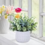 Winlyn Set of 2 Small Artificial Potted Plants Faux Eucalyptus Plant in White Geometric Ceramic Pots Small Desk Potted Plants 7.1" Tall for Home Office Room Decorations Wedding Greenery Centerpiece - Image 4