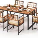 Tangkula 7 Pieces Patio Dining Set, Outdoor Acacia Wood Table and Chairs with Soft Cushions and 1.96” Umbrella Hole for Backyard, Garden, Poolside (Beige)