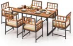 Tangkula 7 Pieces Patio Dining Set, Outdoor Acacia Wood Table and Chairs with Soft Cushions and 1.96” Umbrella Hole for Backyard, Garden, Poolside (Beige)