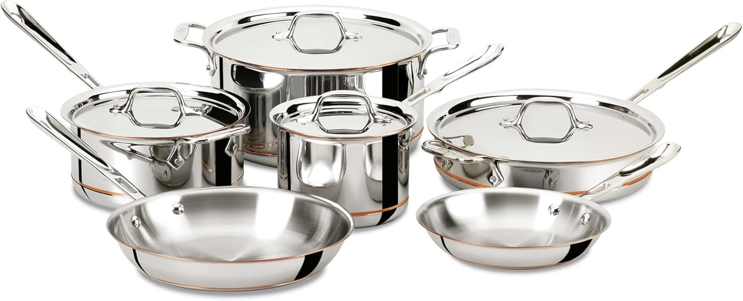 71R04yuJBWL._AC_SL1500_.jpg All-Clad Copper Core 5-Ply Stainless Steel Cookware Set 10 Piece Induction Oven Broiler Safe 600F Pots and Pans Silver - Image 1
