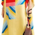 Women Digital Printed Striped Pattern Satin Silk Kaftan