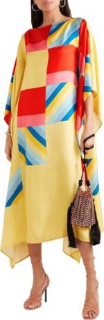 Women Digital Printed Striped Pattern Satin Silk Kaftan