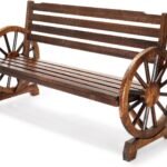 VINGLI Rustic Wooden Wheel Bench Outdoor Bench, Patio Bench Wagon Slatted Seat, Garden Benches for Outdoors 350lbs High Capacity, Weather Resistance (Rustic, 55in)