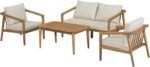 Christopher Knight Home Dena Patio 4-Piece Conversation Set, Outdoor 4-Seater Acacia Wood Sofa Chat Set,Garden Furniture,Loveseat,Coffee Table,Set of 2 Club Chairs, Removable Cushions, Teak+ Beige - Image 3