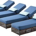 Luxury Outdoor Chaise Lounge Chairs of 4 with 5 Inch Thick Cushions and Side Table - 6 PCS High Back Brown Wicker Patio Recliners Lounger Furniture Set for Poolside Sunbathing - Navy Blue