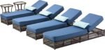Luxury Outdoor Chaise Lounge Chairs of 4 with 5 Inch Thick Cushions and Side Table - 6 PCS High Back Brown Wicker Patio Recliners Lounger Furniture Set for Poolside Sunbathing - Navy Blue
