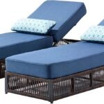 Luxury Outdoor Chaise Lounges with 5 Inch Thickened Cushions - Set of 2 High Back Brown Wicker Patio Recliners Rattan Reclining Chairs Porch Poolside Pool Sunbathing Lounger - Navy Blue