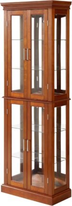Lighted Curio Cabinet Wooden Display Cabinet with Adjustable Tempered Glass Shelves Vintage Accent Storage Cabinet with Mirrored Back & Tempered Glass Doors, Walnut - Image 5