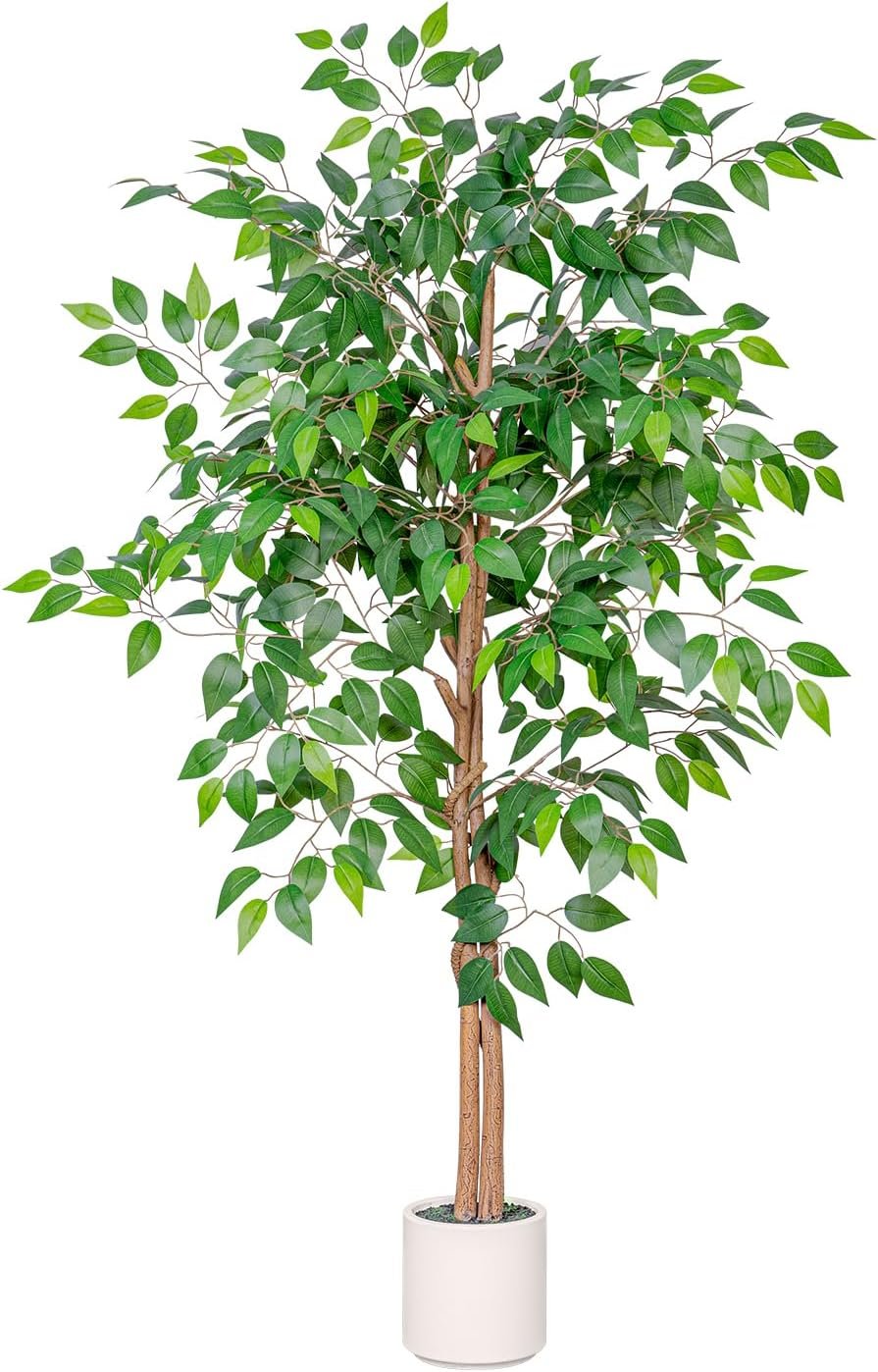 71amgfrOZlL._AC_SL1500_.jpg 5FT Artificial Ficus Tree with White Planter, Realistic Faux Silk Indoor Outdoor Plant for Home Office Living Room, Porch, Garden Decor - Image 1