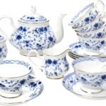 Bone China Tea Set, 21-Pieces Porcelain Tea Set for Adults, Tea Cups And Saucers for 6, with Teapot, Spoons, Sugar Bowl, Creamer Pitcher, Vintage Tea Set for Women Tea Party (Blue)