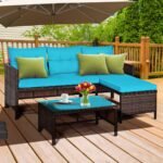 Tangkula Patio Corner Sofa Set 3 Piece, Outdoor Rattan Sofa Set, Includes Lounge Chaise, Loveseat & Coffee Table, Patio Garden Poolside Lawn Backyard Furniture - Image 2