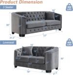 mikibama Luxury 2 Piece Chesterfield Velvet Sofa Set for Living Room, Modern Decor Furniture Sectional Sofa, 3 Seater & Loveseat Upholstered Tufted Couch for Apartment, Office, Hall(Grey) - Image 2