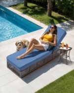 Luxury Outdoor Chaise Lounge Chairs of 4 with 5 Inch Thick Cushions and Side Table - 6 PCS High Back Brown Wicker Patio Recliners Lounger Furniture Set for Poolside Sunbathing - Navy Blue - Image 2