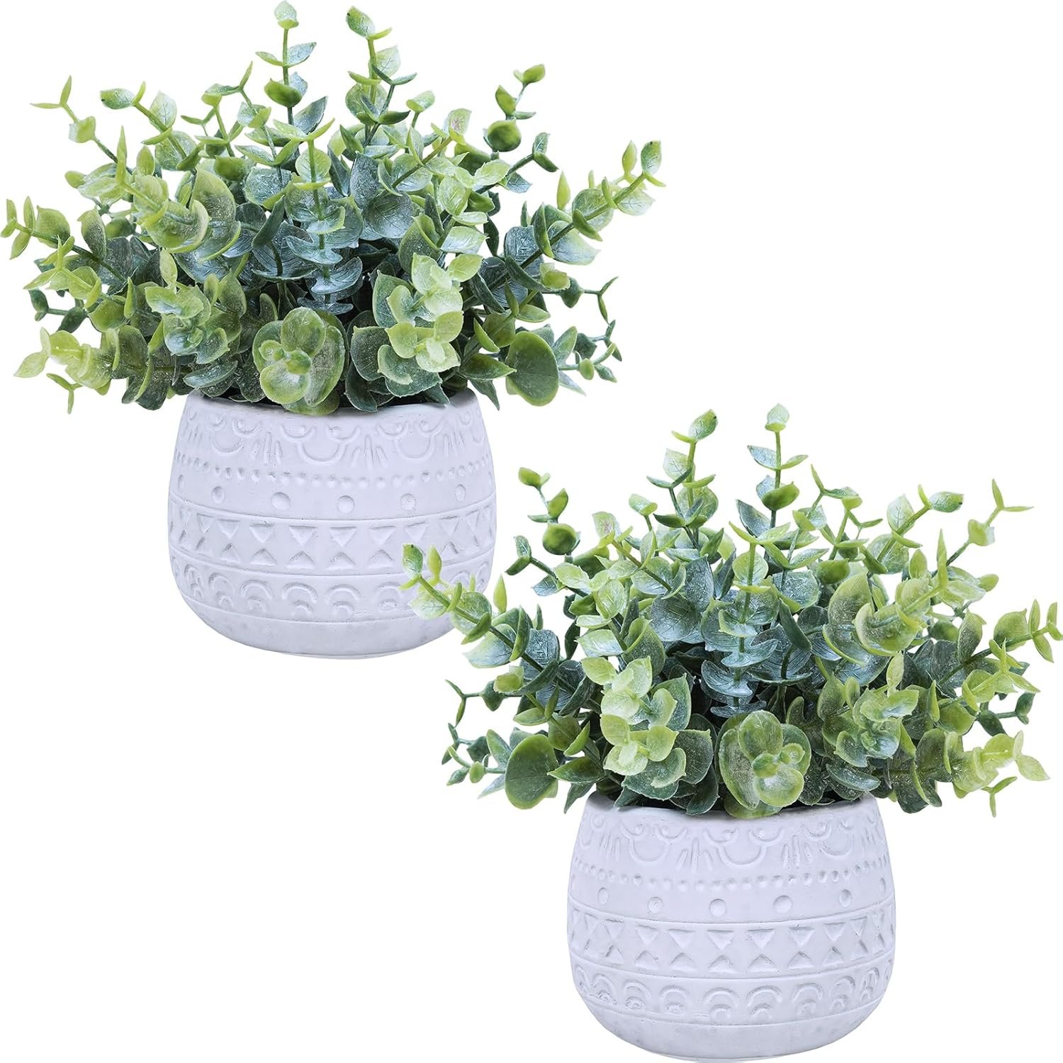 71hQrcBLF8L._AC_SL1500_.jpg Winlyn Set of 2 Small Artificial Potted Plants Faux Eucalyptus Plant in White Geometric Ceramic Pots Small Desk Potted Plants 7.1" Tall for Home Office Room Decorations Wedding Greenery Centerpiece - Image 1