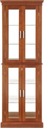 Lighted Curio Cabinet Wooden Display Cabinet with Adjustable Tempered Glass Shelves Vintage Accent Storage Cabinet with Mirrored Back & Tempered Glass Doors, Walnut - Image 4
