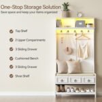 Gurexl 67” Farmhouse Hall Tree with Shoe Storage, Auto Sensor Wood Coat Tree with LED Lights, 3-in-1 Entryway Bench with Coat Rack, Hooks and Drawers for Hallway, Living Room, Bedroom (White) - Image 2