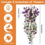 2Pcs Outdoor Faux Hanging Flowers Artificial Morning Glory with Eucalyptus Leaves UV Resistant Look Real Fake Plants for Outside Planter Porch Patio Balcony Yard Decor (Purple & Purple White) - Image 8