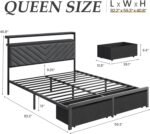 Queen Bed Frame with 2 Drawers, Upholstered Headboard with Storage and Charging Station, LED Lights, Fabric Drawers with Wheels, Under Bed Storage, No Box Spring Needed, Easy Assembly, Grey - Image 2
