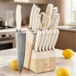 NANFANG BROTHERS Damascus Kitchen Knife Set 14 Pieces with Shears & Sharpener - VG10 Damascus Steel, ABS Ergonomic Handle, Wooden Block Storage White - Image 6