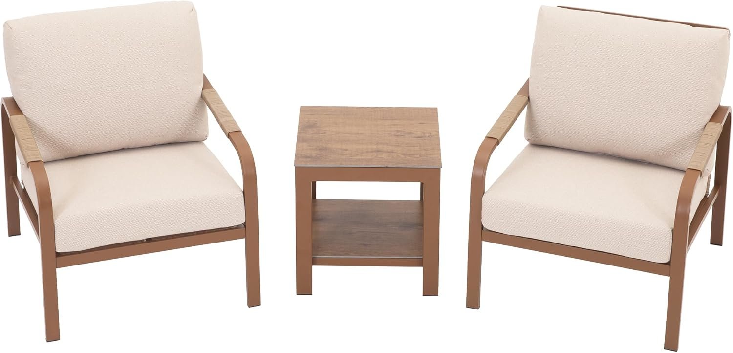 71sQ63DZZUL._AC_SL1500_.jpg 3-Piece Outdoor Bistro Set - Hand-Woven Rattan Patio Furniture with Aluminum Frame, Coffee Table & Waterproof Cushions, for Patio/Deck/Porch (Beige) (Beige, Small Bistro Set) - Image 1