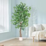 5FT Artificial Ficus Tree with White Planter, Realistic Faux Silk Indoor Outdoor Plant for Home Office Living Room, Porch, Garden Decor - Image 9