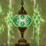 Turkish Moroccan Mosaic Battery-Operated Table Lamp – 12” H, 5” W, Portable Stained Glass Lantern for Indoor & Outdoor Use, Cordless Handmade Decorative Light for Bedroom, Patio & Camping, Green