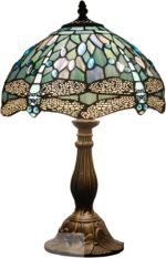 WERFACTORY Tiffany Lamp Sea Blue Stained Glass Table Lamp 12X12X18 Inches Dragonfly Style Desk Reading Light S147 Series