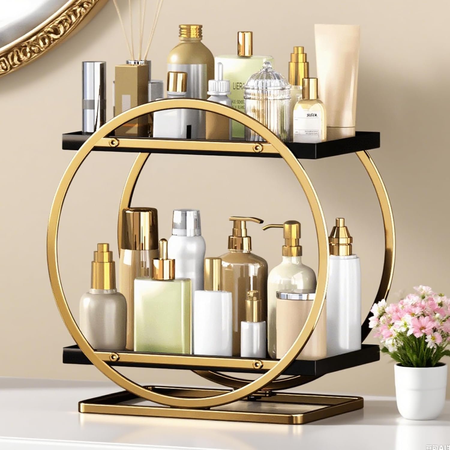 71y0sfd-YAL._AC_SL1500_.jpg Makeup Organizer for Vanity, Black Gold Perfume Organizer for Dresser, 2-Tier Bathroom Countertop Organizers, Bathroom Counter Shelf Skincare Holder Perfume Tray Cosmetic Display - Image 1