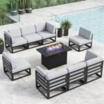 LayinSun Large Aluminum Patio Furniture Set with Fire Pit Table, 9 Pieces Modern Outdoor Conversation Set Sectional Metal Sofa Set with Olefin Cushion