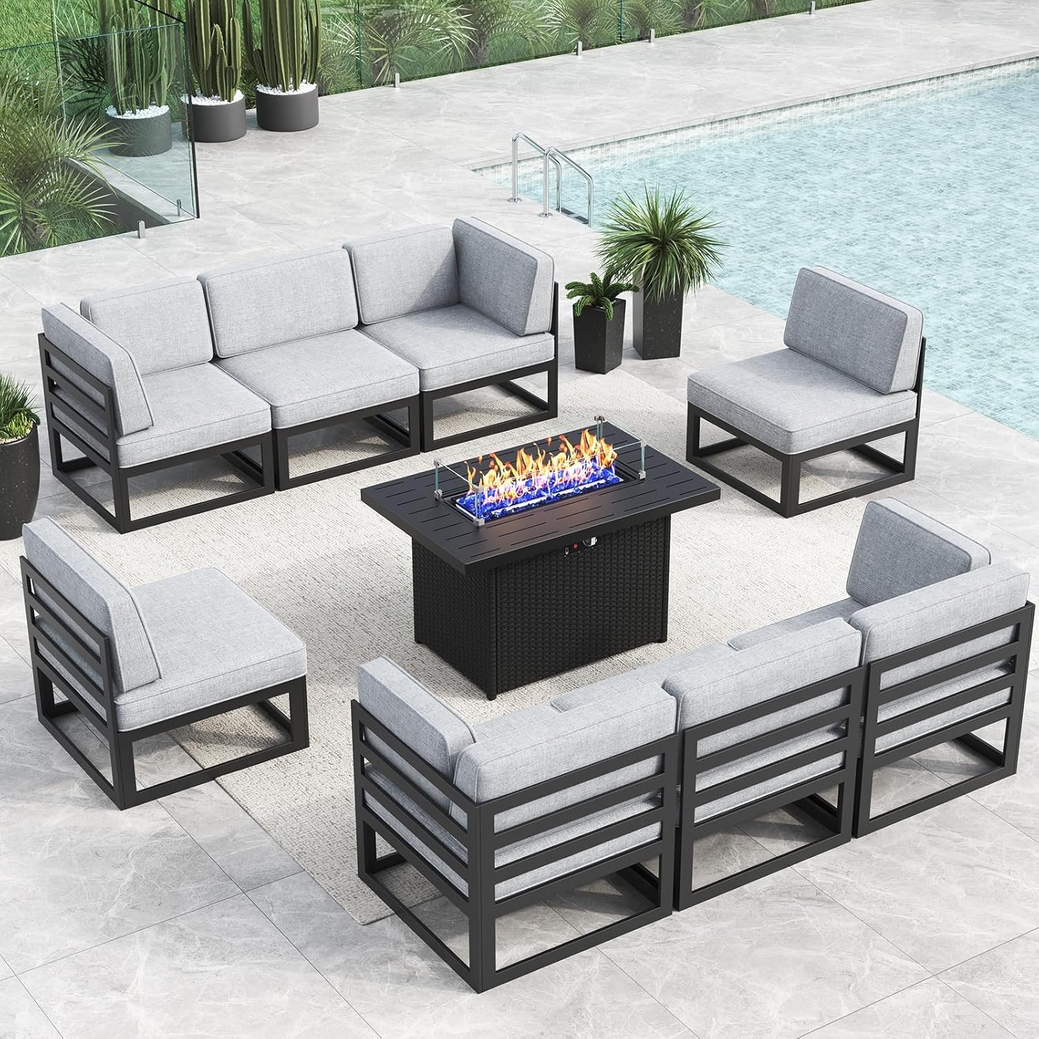 810plq0kekL._AC_SL1500_.jpg LayinSun Large Aluminum Patio Furniture Set with Fire Pit Table, 9 Pieces Modern Outdoor Conversation Set Sectional Metal Sofa Set with Olefin Cushion - Image 1