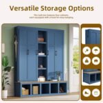Merax Modern Farmhouse Hall Tree with Bench, 4-in-1 Entryway Storage Cabinet & Shoe Organizer with Hooks, Blue - Image 3