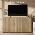 Fluted Buffet Cabinet Sideboard with Storage, Wooden Credenza with 2 Doors & Adjustable Shelf, Modern 15" Deep Accent Cabinet for Living Room, Kitchen Dining Room Entryway,Natural Oak - Image 2
